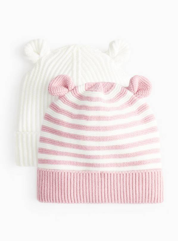 Pink With Bear Ears Knitted Hats 2 Pack 1-2 years